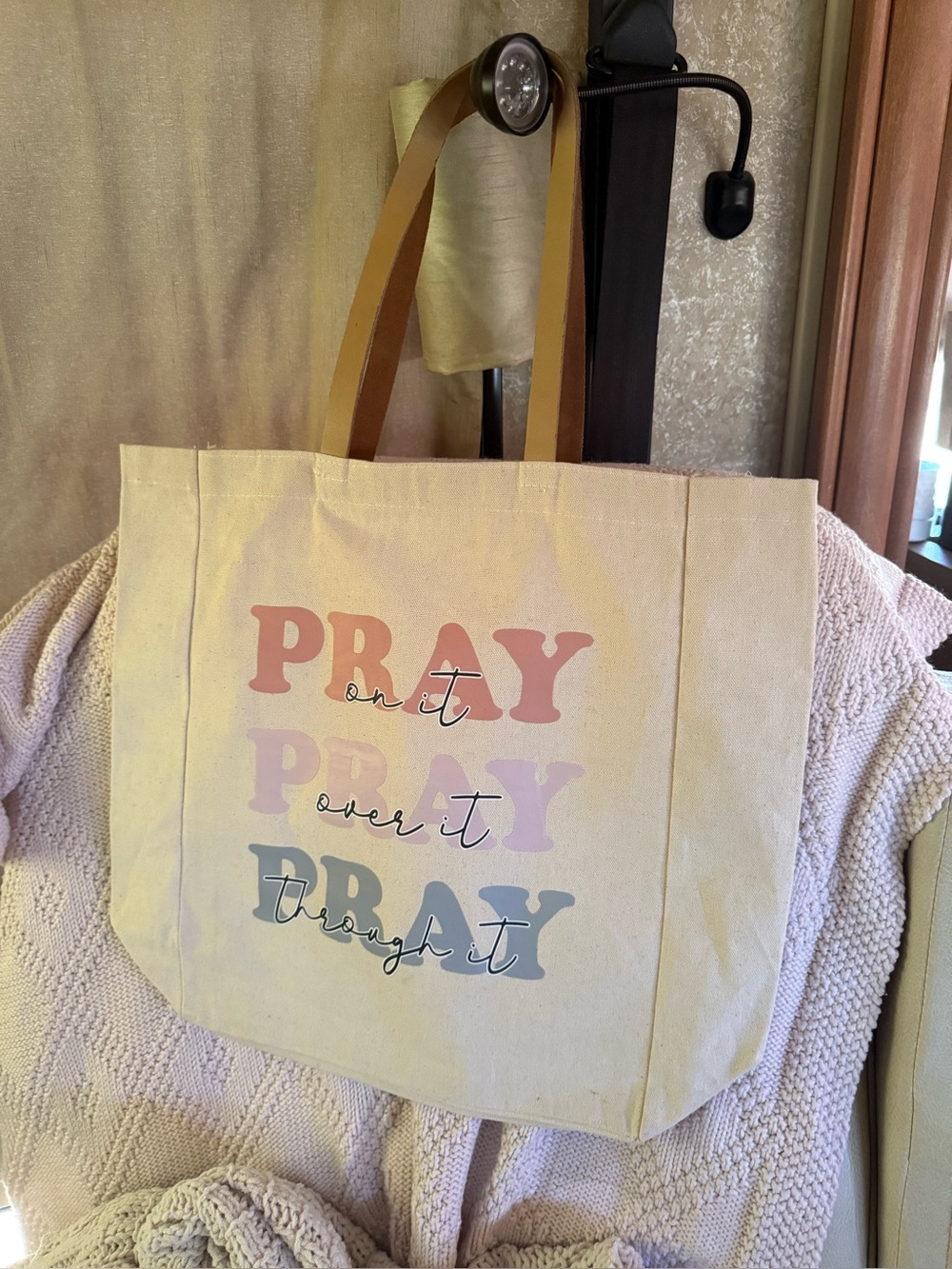 Canvas Tote Bag with 'PRAY' Pastel Print - Beige with Brown Straps